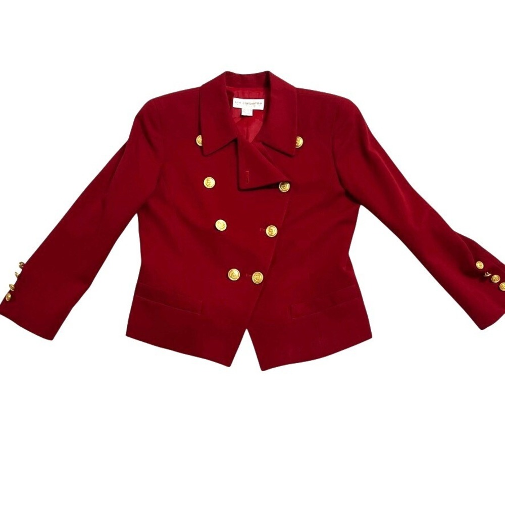 Vintage Liz Claiborne Petite Red Wool Blazer P8 USA Gold Button Double Breasted